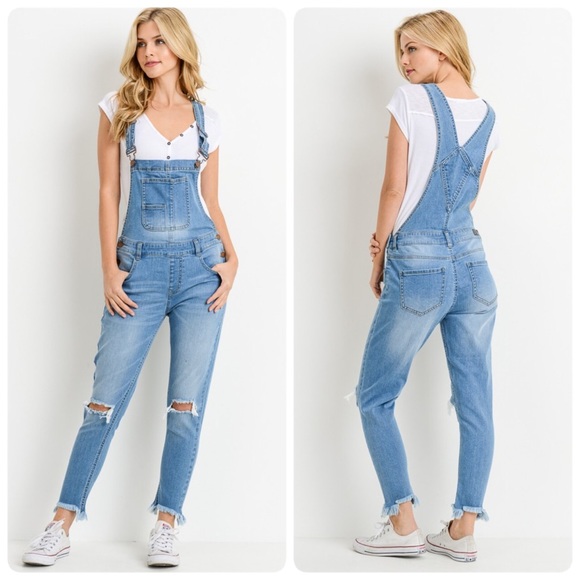 Medium Wash Distressed Overalls - Picture 2 of 4